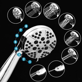 Wallderful Hand Held Shower Head High Pressure 8-mode Chrome Handheld Shower Head with Hose Adjustable Shower Wand Bracket Massage Setting Removable Pressure Boosting Shower Head Pet Cleaning Showers