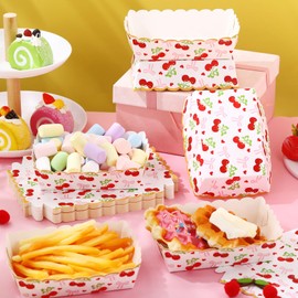 Havawish 48pcs Cherry Bow Paper Food Trays Pink Bow Cherry Paper Plates Food Boat Nacho Trays Serving for French Fries Nachos Snack Hot Dog Taco BBQ Popcorn Wedding Birthday Party Supplies Decoration