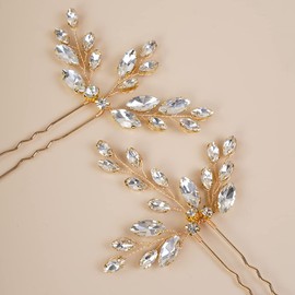 Xerling 2 Pieces Rhinestones Gold Hair Pins for Birdes Bridal Hair Clips Wedding Hair Piece Accessories for Girls (Gold)