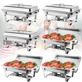 Calmbee 6 Pcs Chafing Dish Buffet Set, 9 Qt Stainless Steel Buffet Servers and Warmers with Foldable Frame, Food Pan, Fuel Holder and Lid for Home Parties (Silver, Extra Large)
