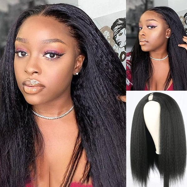 Kinky Straight V Part Wigs for Black Women Upgrade U Part Wig Thin Leave Out V Part Wig Synthetic,AisaideV Shape Wig No Leave Out Clip in Half Wigs for Black Women Black Yaki V Part Wig 20inch(1B)