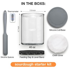 Premium Pro Sourdough Starter Jar Kit - 40oz Large Wide Mouth Sourdough Bread Jar with Marked Feeding Band, Thermometer, Scraper, Cloth Cover and Silicone Lid/Base, Glass Container, Baking Supplies