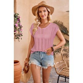 Arach&Cloz Womens Spring Summer 2024 Sweater Vest Cap Sleeve Crew Neck Fashion Casual Sleeveless Trendy Crochet Tops Clothes Vacation Resort Outfits Pink