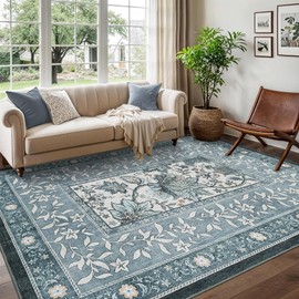 GarveeHome Provence 5x7 Area Rugs, Botanical Grove Vintage Cottagecore Non-Slip Washable Rug for Bedroom Living Room Nursery Kitchen Low-Pile Carpet Retro Blue