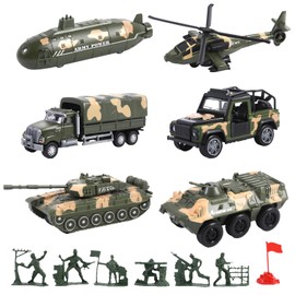 OTONOPI Military Vehicle Set Assorted Army Model Car Helicopter Submarine Tank Armored Car Panzer Transport Truck with Army Men Action Figures Soldiers Die Cast Alloy Metal Pull Back Toys for Kids