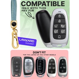Lucrum Compatible with Hyundai Key Fob Cover & Leather Keychain, Keyfob Case for Santa Fe, Sonata, Tucson, Grandeur, Ioniq 5, Palisade, Nexo - For 7 Button Remote (2019-2025) - Blue and Gold