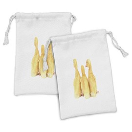 Lunarable Duckies Fabric Pouch Set of 2, 3 Fluffy Looking Ducklings Together on White Background Seen from Behind, Small Drawstring Bag for Toiletries Masks and Favors, 9" x 6", Yellow Pale Peach