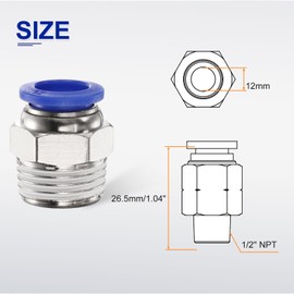 sourcing map Push to Connect Fitting 12mm Tube OD x 1/2" NPT Thread Male Straight Quick Connector Copper Air Line Hose Fittings for Industry Air System PC12-N04, Blue