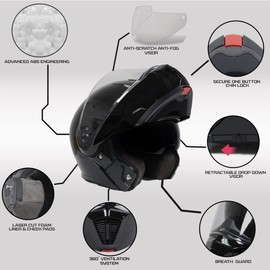 Milwaukee Helmets MPH9813DOT Gloss Black Menace DOT Approved Motorcycle Modular Helmet w/ Drop Down Visor - Large