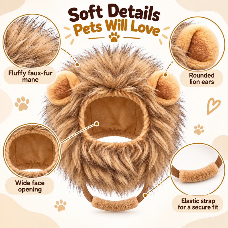 Lion Mane Pet Hat for Cat Dress-Up – Elastic Headgear