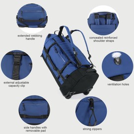 Rolling Duffle Bag with Wheels,86L 30”Folding Duffle Backpack with 2 Wheels,Travel Bag with Separate Shoe Compartment,Dark Blue