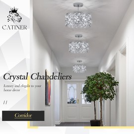 CATINER Chrome Crystal Chandeliers, 4-Light Modern Semi Flush Mount Ceiling Light, D12'' Small Round Crystal Hanging Pendant Light Fixtures for Dining Room Kitchen Island Entryway Hallway