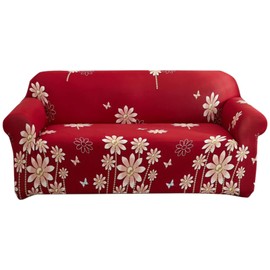 Qubjus Stretch Sofa Cover Printed Couch Cover Patterned with One Separate Cushion Cover for 3 Cushion Couches Sofas Washable Elastic Universal Furniture Protector(Large,Red Flower)