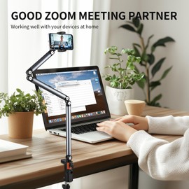 AIHOME Phone Holder for Desk and Bed with Wireless Remote, Flexible Long Arm Phone Mount for Desk, Aluminum 3-Sections Overhead Phone Mount for All 4-6.5” Cellphones (Silver)