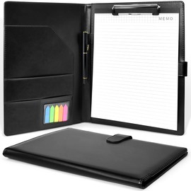 Kleemeiero Document Folder A4 for Filing Clipboard Folder PU Leather Writing Case A4 Folder Clipboard Folder with 25 Note Paper and 1 Pen Conference Folder Clipboard with Lid Black Folder A4