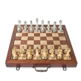 ELONGDI 16.5" Wooden Chess Set with Weighted Acrylic Chess Pieces,Folding Board with Handle 3.5" King Portable Classic Game for Adults and Kids