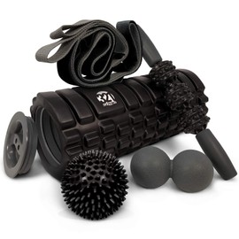 321 STRONG 5 in 1 Foam Roller Set Includes Hollow Core Massage Roller with End Caps, Muscle Roller Stick, Stretching Strap, Double Lacrosse Peanut, Spikey Plantar Fasciitis Ball, All in Giftable Box