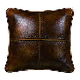 Paseo Road Brighton Western Decorative Throw Pillow, 18x18 inch, Rustic Cabin Lodge Decorative Pillow, Brown Faux Leather Stitched Pillow for Bed, Couch, Sofa