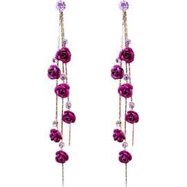 Rose Flower Earrings for Women Long Rose Tassel Dangle Drop Earrings Crystal Chain Red Purple Rose Flower Earrings Weddings Party Birthday Jewelry for Girls (Purple, One Size)