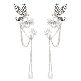 SELFWIMG Fariy Wing Ear Cuffs for Women, Handmade Butterfly Dragonfly Wings Pearls Tassel Earrings, Butterfly Wings, Zinc, No Gemstone