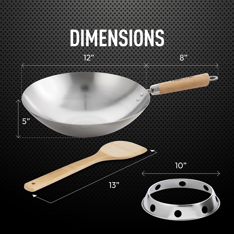 Helen's Asian Kitchen Round Bottom Wok Set, Carbon Steel and