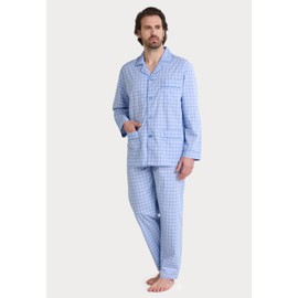 El Bého Men's Nightwear - Long Sleeve Classic Striped or Plaid Pyjamas for Men 100% Cotton, Poplin Pyjamas Blue 1545, 5XL