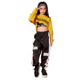 Girls 3 Piece Outfits Cropped Hoodie Tank Top Jogger Pants Set, Hip Hop Jazz Street Dance Skateboarding Clothes (Yellow, 8-10)