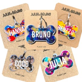 JULIA AND BRUNO Placa de Identificación para Perro Pintada a Mano con Personalización de Nombre y Teléfono - Varios Colores