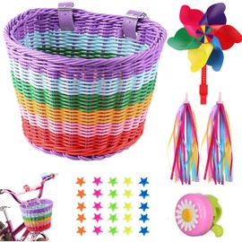 QOOWFEANIG Kids Bike Basket, Woven Bicycle Basket with Stickers Colored Tassels Wicker Front Handlebar Bike Basket Handlebar with Streamers Bell and Stickers,Bicycle Decoration 8.3'' x6.3'' x6.3''