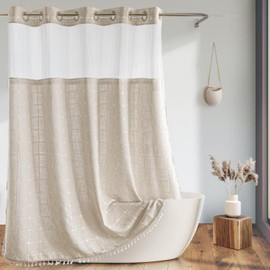 Extra Long Shower Curtains with Snap-in Liner, No Hooks Needed, Fabric Shower Curtains with Tassels for Rustic Bathroom Decor,with Window,with Magnets,Water Repellent&Machine Washable,Linen,71x98Inch