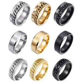 REVOLIA 9Pcs Stainless Steel Chain Spinner Rings for Men Women Cool Fidget Band Rings Wedding Pormise Ring Set 8MM Size 12.5