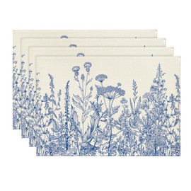 Artoid Mode Blue Antique Herbs and Wild Flowers Spring Placemats Set of 4, 12x18 Inch Seasonal Table Mats for Party Kitchen Dining Decoration
