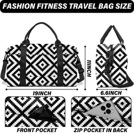 BHAHB Boho Travel Weekender Duffel Overnight Carry On Bag with Trolley Sleeve,Large Travel Tote Bag with Wet Pocket Shoulder Strap for Women Girls Bohemian Aesthetic Cute-Black White Checkered