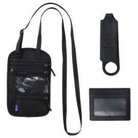 FESSOSKO Travel Document Wallet, Travel Pouch with Card Holder and Luggage Tag, RFID Blocking Neck Wallet, Waterproof Passport Holder with Adjustable Neck Strap for Men Women - Black