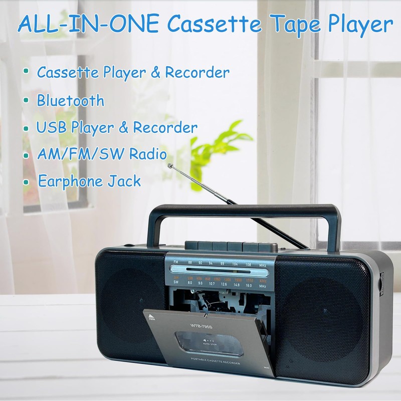 Portable Cassette Tape Player Recorder,AM/FM/SW Radio with Bluetooth,USB/SD, Big 10W