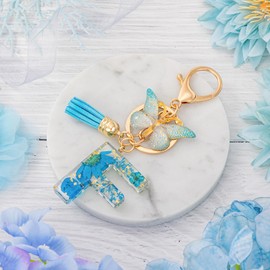 MWOOT Initial Letter F Keychain Resin Alphabet Keyrings,Blue Petals Gold Foil Key Ring Charm with Butterfly Tassel Pendant,Kawaii Key Chain for Womens Gift Ideas Wallet Purse Bag Handbag Decor (F)