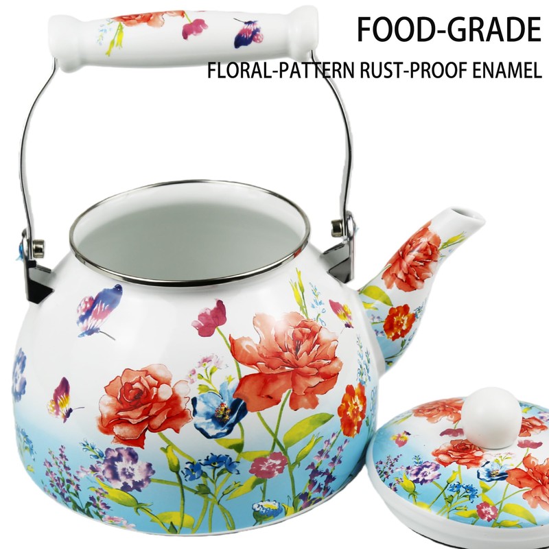 Butterfly Floral Enamel Tea Kettle, 2.5L Stovetop Teapot with Porcelain