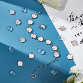 UNICRAFTALE 50 Sets 12 mm Flat Round Cabochon Blanks Connection Pendant Stainless Steel Cabochon Bracelets Pendant Metal Bezel Pendant with Transparent Glass Cabochons for Jewellery Making