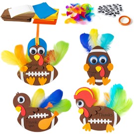 WATINC 12Pcs Thanksgiving Foam Football Turkey Craft Kit, DIY Decorative Ornaments for Kids Fall Autumn Holiday Thankful Craft with Feather for Home School Classroom Party Fun Activities Decor