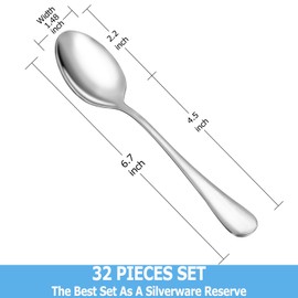 32 Pcs Teaspoons Set, Food Grade Stainless Steel Tea Spoons, Durable Small Spoons, Metal Dessert Spoon, Spoon Silverware for Home, Kitchen or Restaurant, Mirror Polished & Dishwasher Safe, 6.7-Inch