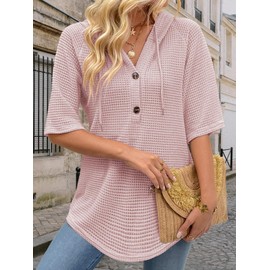 Baonmy Womens Tops Short Sleeve Waffle Knit Hoodies Lightweight Drawstring Hooded V Neck Casual Button Tshirts Trendy Pink