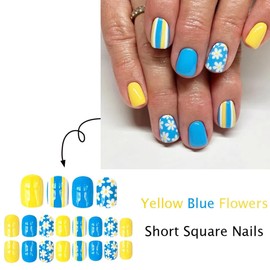 Press on Nails Yellow-Blue Chrysanthemum False Nails Artificial Acrylic Coffin Nails Reusable Glue on Nails DIY Stick on Nails for Women 24Pcs