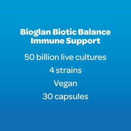 Bioglan Biotic Balance 50 Billion CFU, with Vitamin C for Digestive Health and Immune Support, Super Strength, 4 live strains, fridge free, one month supply - 30 capsules