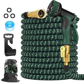 100ft Expandable Garden Hose with 10 Function Spray Nozzle, Water Flexible Hose 50 feet, Crafted with 3/4" Solid Brass Fittings, 3750D Extra-strength Fabric with Storage Bag, Lightweight