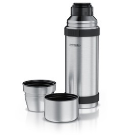 Arendo - Thermos Flask 1 Litre Stainless Steel - with 2 Cups - Double-Walled Thermos Flask - 1000 ml - One Click Closure - Leak-Proof - Removable Lid - BPA Free - Carbonated Proof - Silver