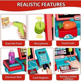 HUAJUN Children's Electronic Cash Register Toy, Lighting and Sound Shopping Cashier Pretend Game Store, with Calculator/Scanner/Credit Card/Game Currency/Weighing Table, for Toddler Boy Girl