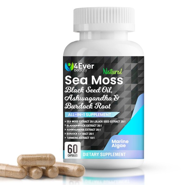 Sea Moss, Black Seed Oil, Ashwagandha, Turmeric, Bladderwrack, Burdock, Vitamin