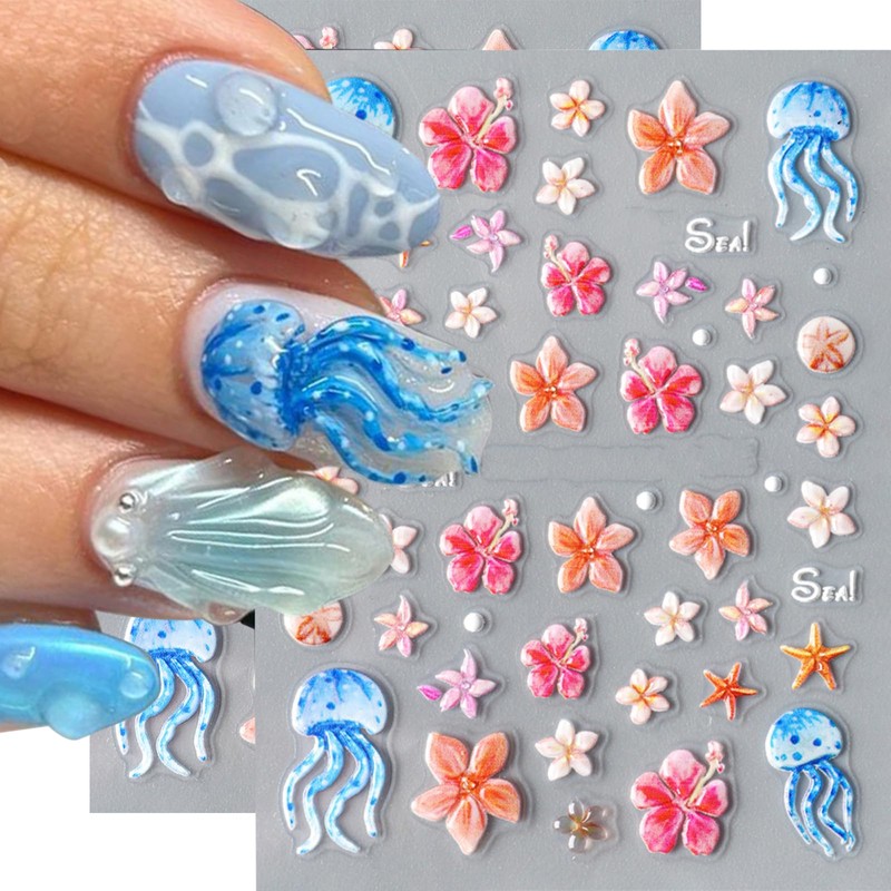 CharmBurst 2 Stück Sommerliche Nagel Sticker mit Blumen, Seesterne, Perlen,