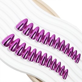 Purple Chrome Press on Nails Medium Almond, Glossy Mirror Metal Acrylic False Nails with Bling Design, Gel Glue on Nails for Daily Party Wear, Stiletto Fake Nails Stick on Nails for Women Girls