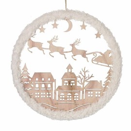 Large Wooden Decorative Hanging Flying Santa & Sleigh Roof Tops Cut Out with Glitter Fur 31cm Diameter